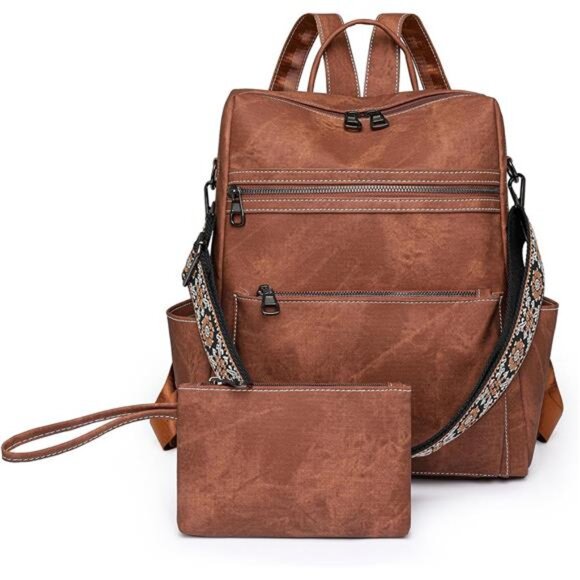 Backpack Purse, PU Leather Backpack, Brown - Picture 1 of 7
